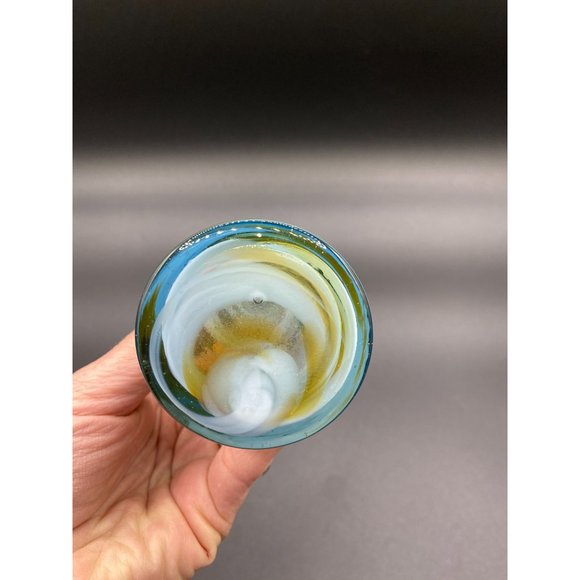 Blue Yellow and Clear Striped Art Glass Calla Lily Swirl Vase - 6.50 Tall - Picture 7 of 9